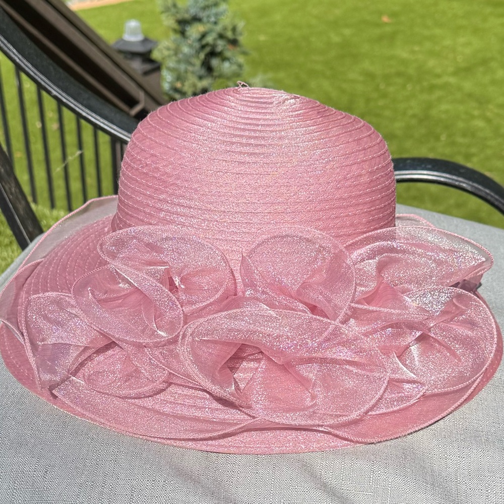 Pink Wide Brim Dress Hat w/ Ruffle Trim | Church Derby Tea Party Easter